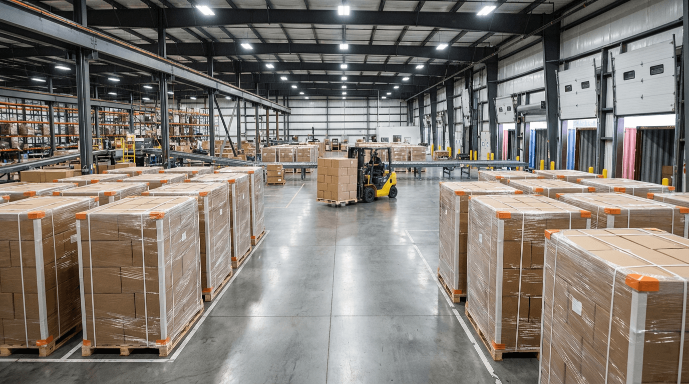 Pallet of bulk-packed decorated apparel boxes ready for freight shipping from a large production run