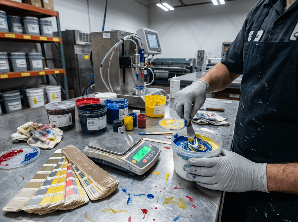 Ink technician mixing Pantone-matched screen printing ink for a large production run