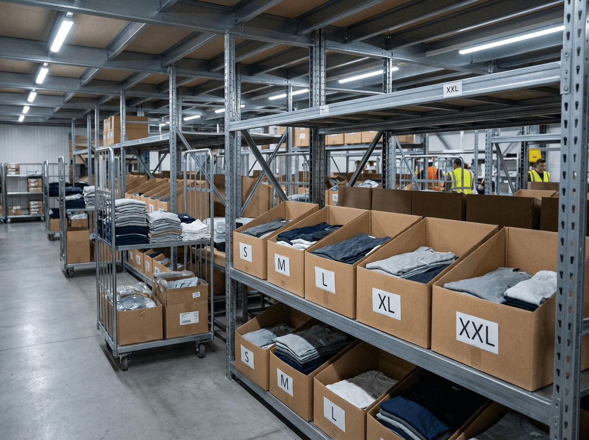 Apparel boxes sorted and labeled by size on warehouse shelving, ready for a large-order distribution